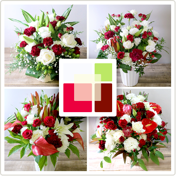お祝いにぴったりの花ギフト 紅白「ことぶき」華やかに贈るおしゃれな花束、フラワーギフトに人気です。