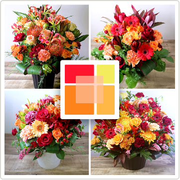 法人祝いに人気の赤オレンジ「クリムゾン」｜華やかで存在感ある花束・アレンジメント