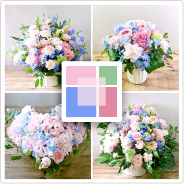 お見舞いや誕生日に人気、水色とピンクを組み合わせた「ファミリア」｜やさしい印象の花束・アレンジメント