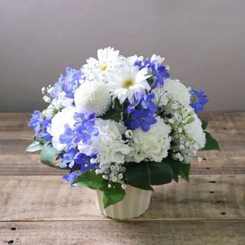 青い花束、青い花の生花アレンジメント。会社のお祝い・記念日に喜ばれるお花のギフト・贈り物