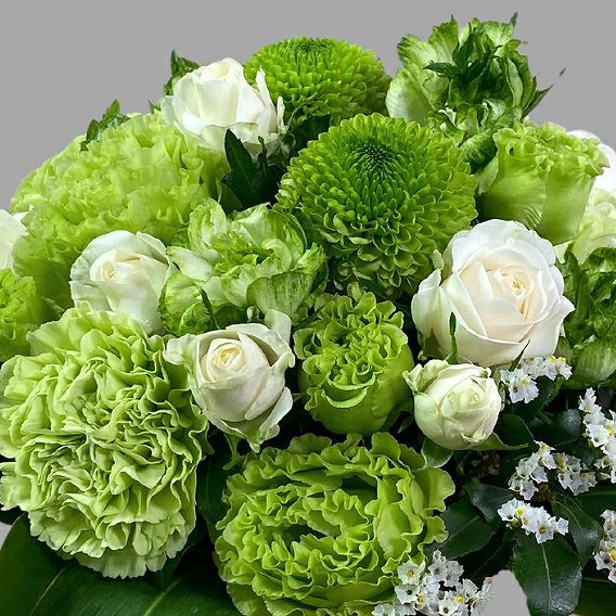 お花のプレゼント、贈り物。グリーン（緑）と白の花束・アレンジメントを贈る。フラワーギフト