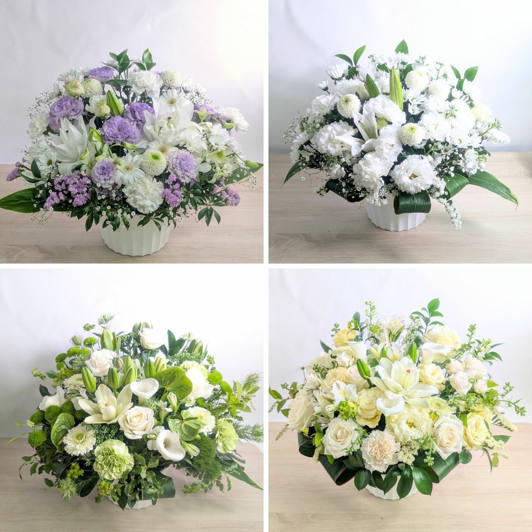 命日のお供え花・お悔やみアレンジメント。家族や友人の命日・祥月命日に贈る花、お供え用のアレンジメント