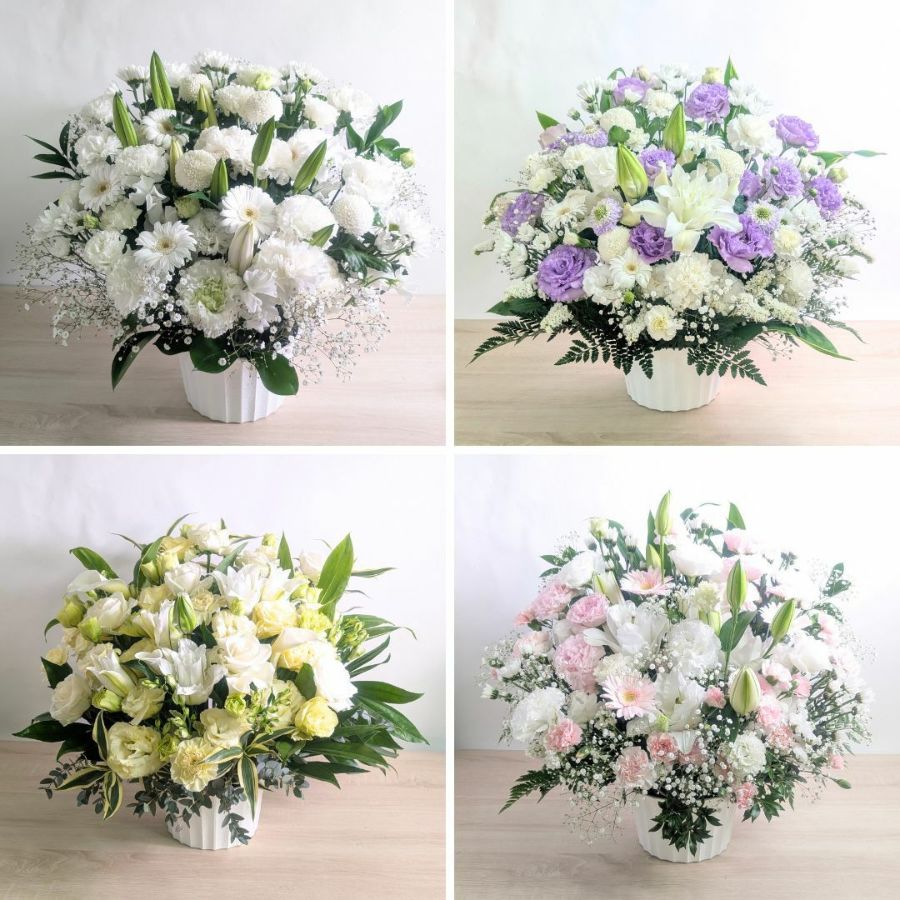 お供え仏花、回忌法要仏前花、紫と白の造花アレンジメント お供え仏花、回忌法要仏前花、紫と白の造花アレンジメント お供え仏花、