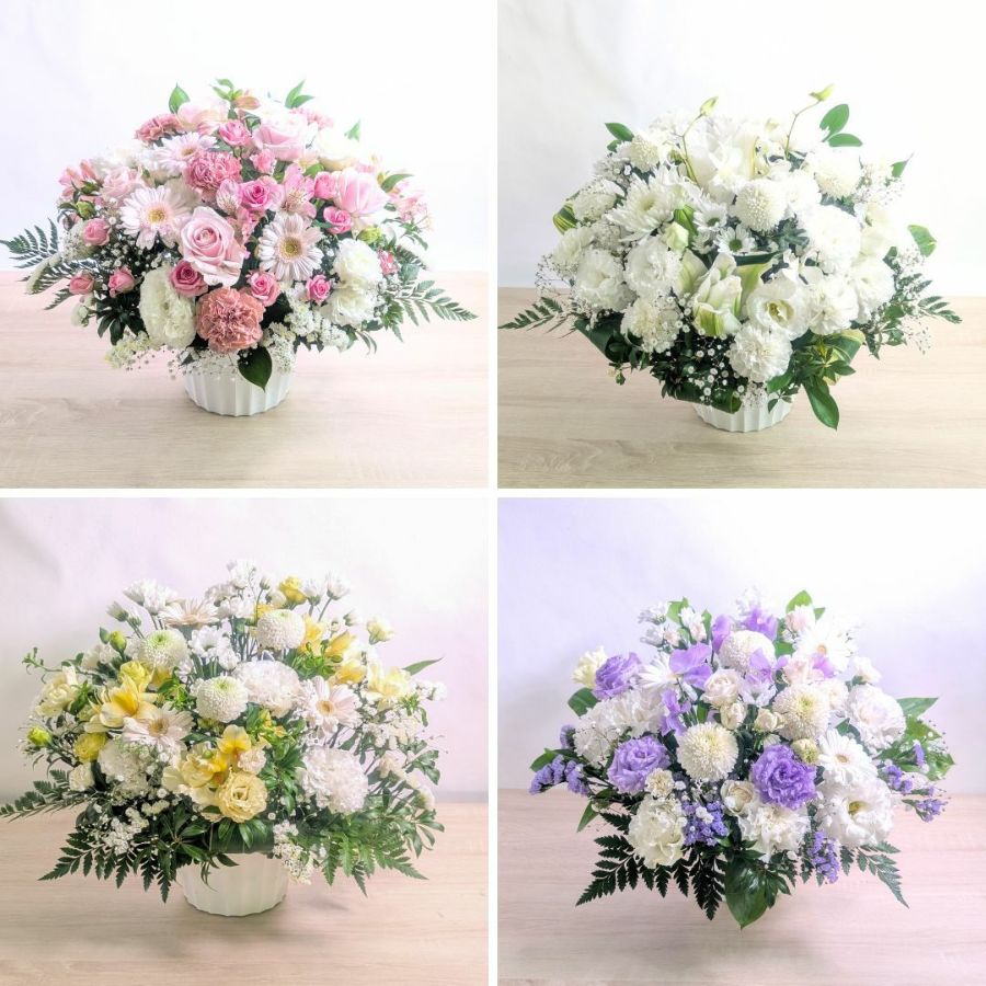一周忌の花・1回忌のお供え花。家族や友人の忌明け法要、実家に贈るお供え用のアレンジメント
