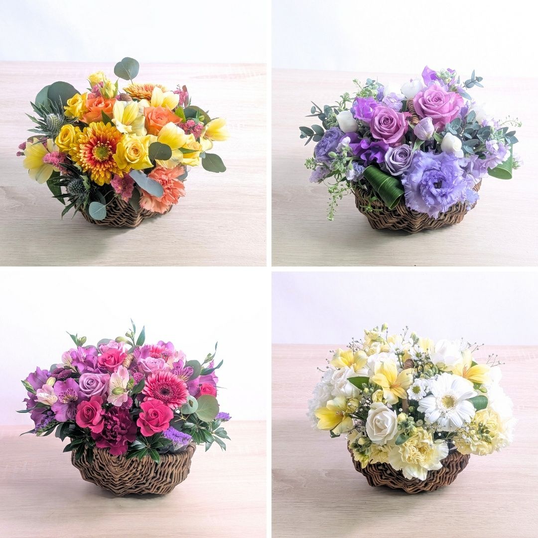お花のバスケット・フラワーギフト。生花のアレンジメント。喜ばれるおしゃれな花ギフト