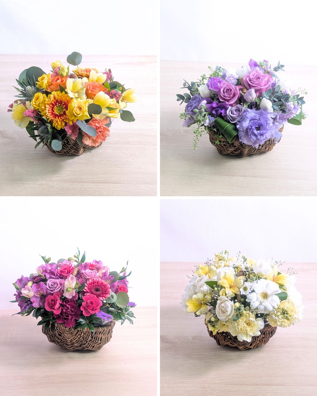 お花のバスケット・フラワーギフト。生花のアレンジメント。喜ばれるおしゃれな花ギフト