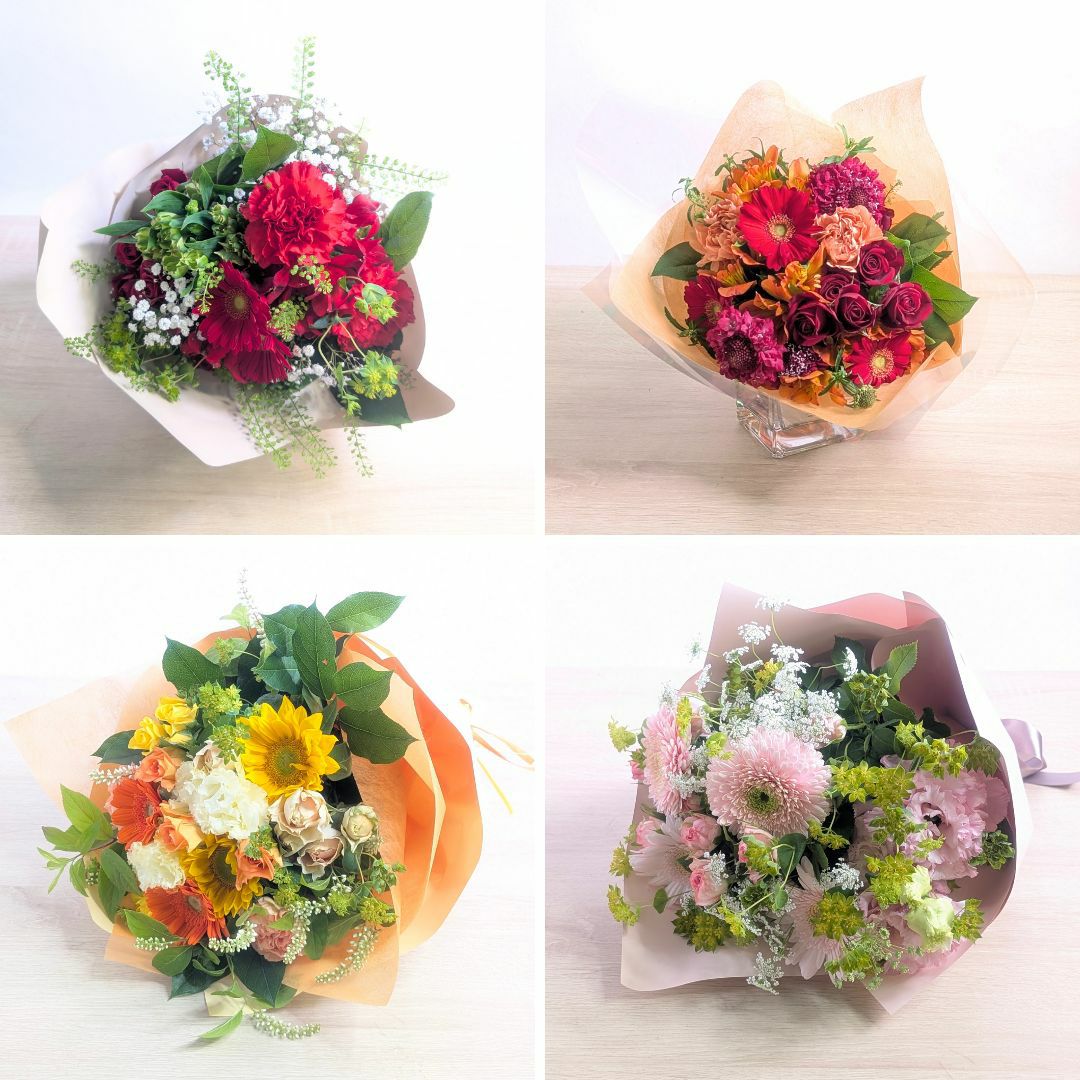 退職祝いの花束。父母・上司の定年退職を祝う花、送別の花束、お祝いアレンジメント