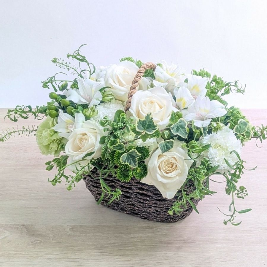【お花のバスケット】Willow（ウィロー）L/白系「ブラン」 ｜お花の通販｜フラワーギフトの全国発送｜花ギフト 花以想（はないも）