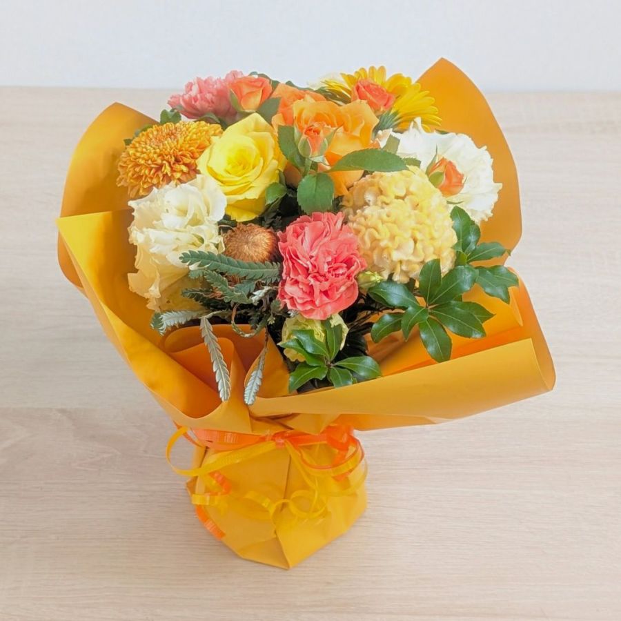  80歳 傘寿祝いの花｜誕生日プレゼントに｜そのまま飾れるブーケ｜スタンドブーケ Wish（ウィッシュ）「おひさま」